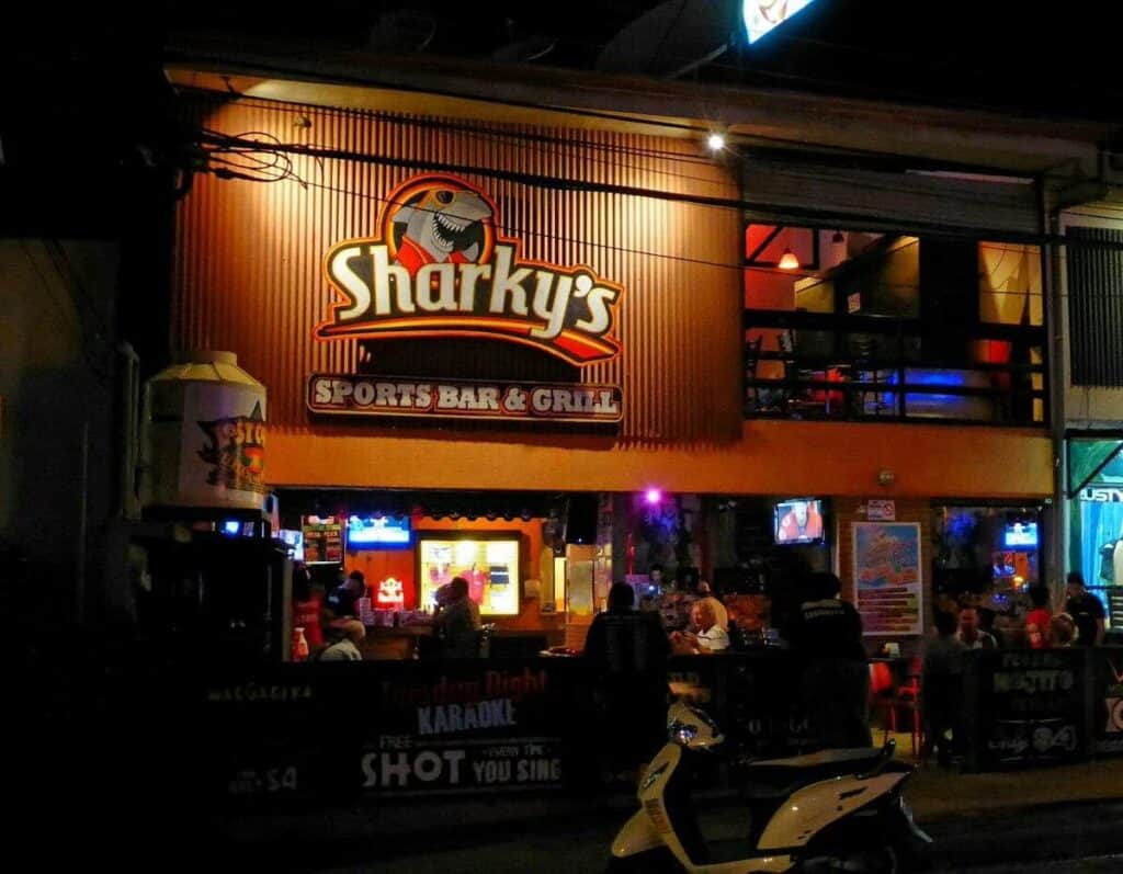 The exterior of Sharky's Sports Bar & Grill in Costa Rica, one of the most popular places for Playa Tamarindo nightlife.
