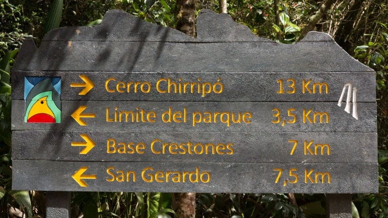 A map in the park of Cerro Chirripo directing people to different locations in the park.
