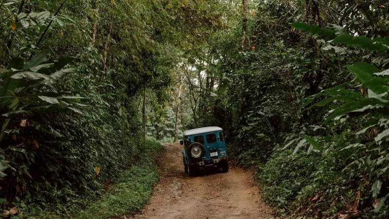 A blue van offroading the the rainforests of Costa Rica.
