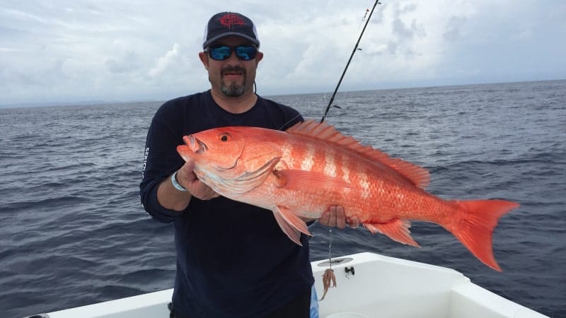 A man holding a red snapper on a boat on the ocean.