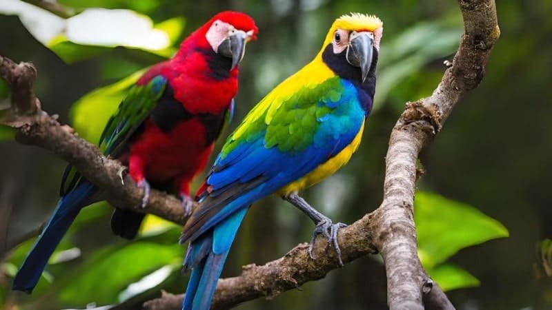 two colorful birds sitting on a tree