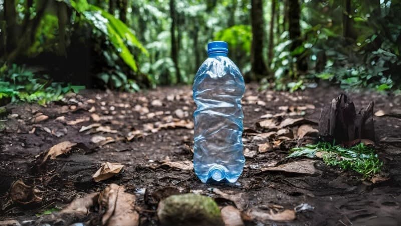a water bottle sitting on the ground of a jungle