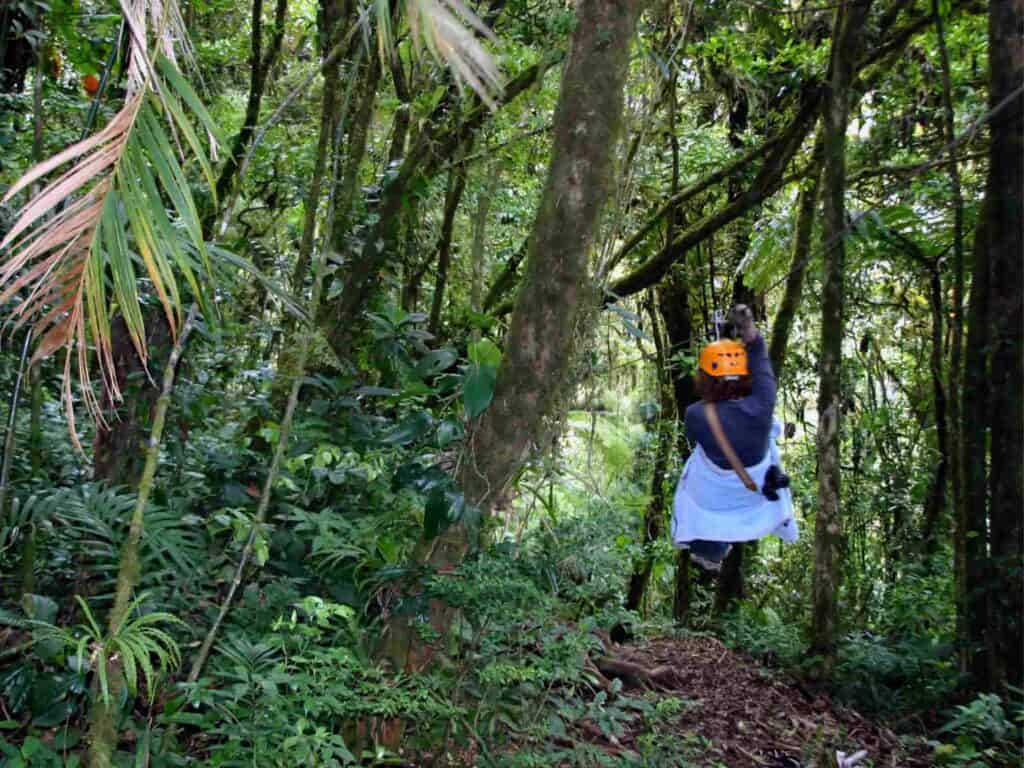a woman ziplining through a jungle