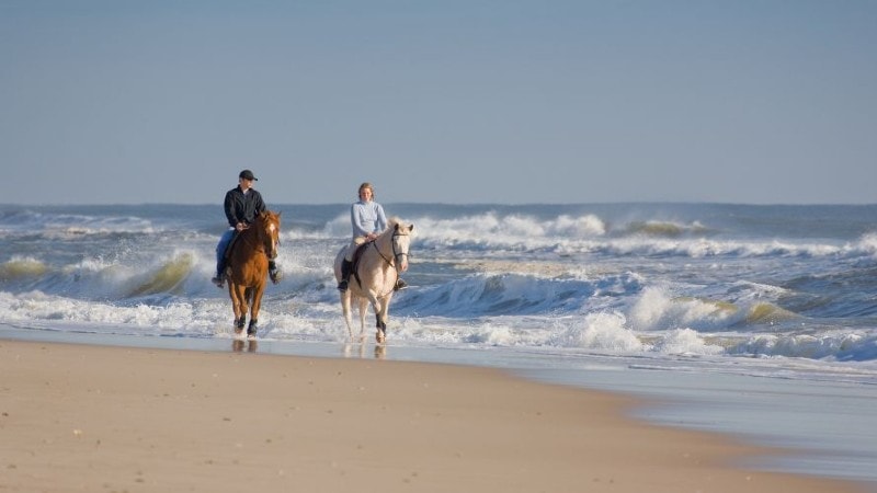 A couple horseback riding on the beach with the ocean in the background.