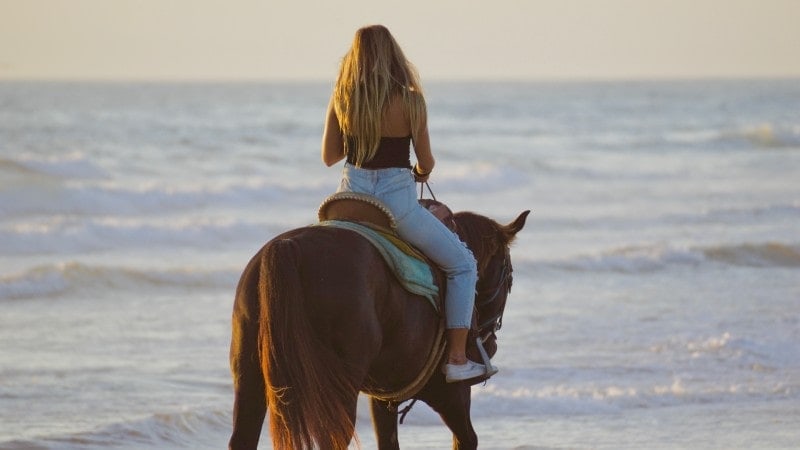 A woman with long blonde hair riding a dark horse along the beach at sunset, with golden light reflecting off the ocean waves in the background.